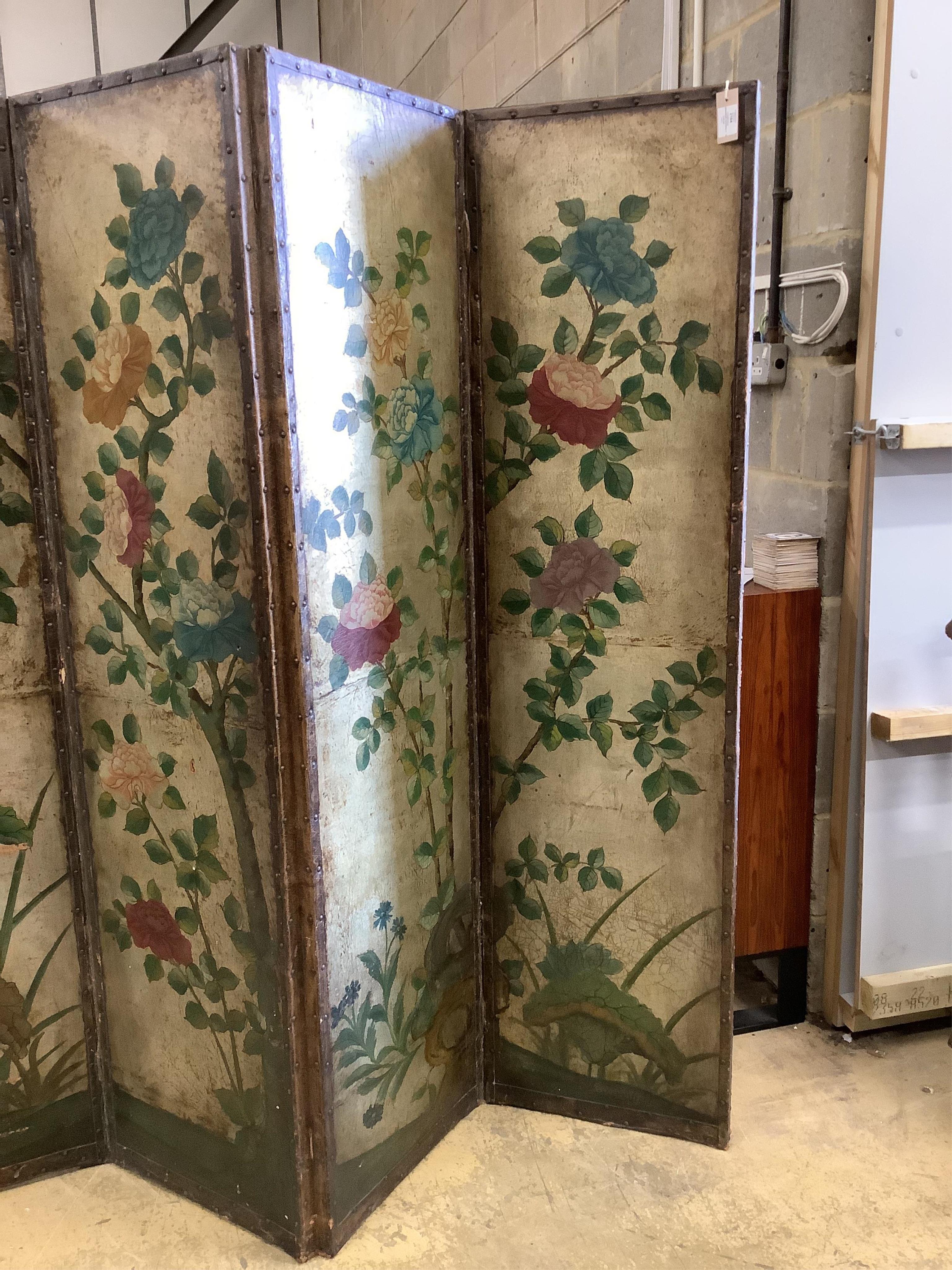 A four fold chinoiserie dressing screen, each panel, width 43cm, height 175cm. Condition - fair